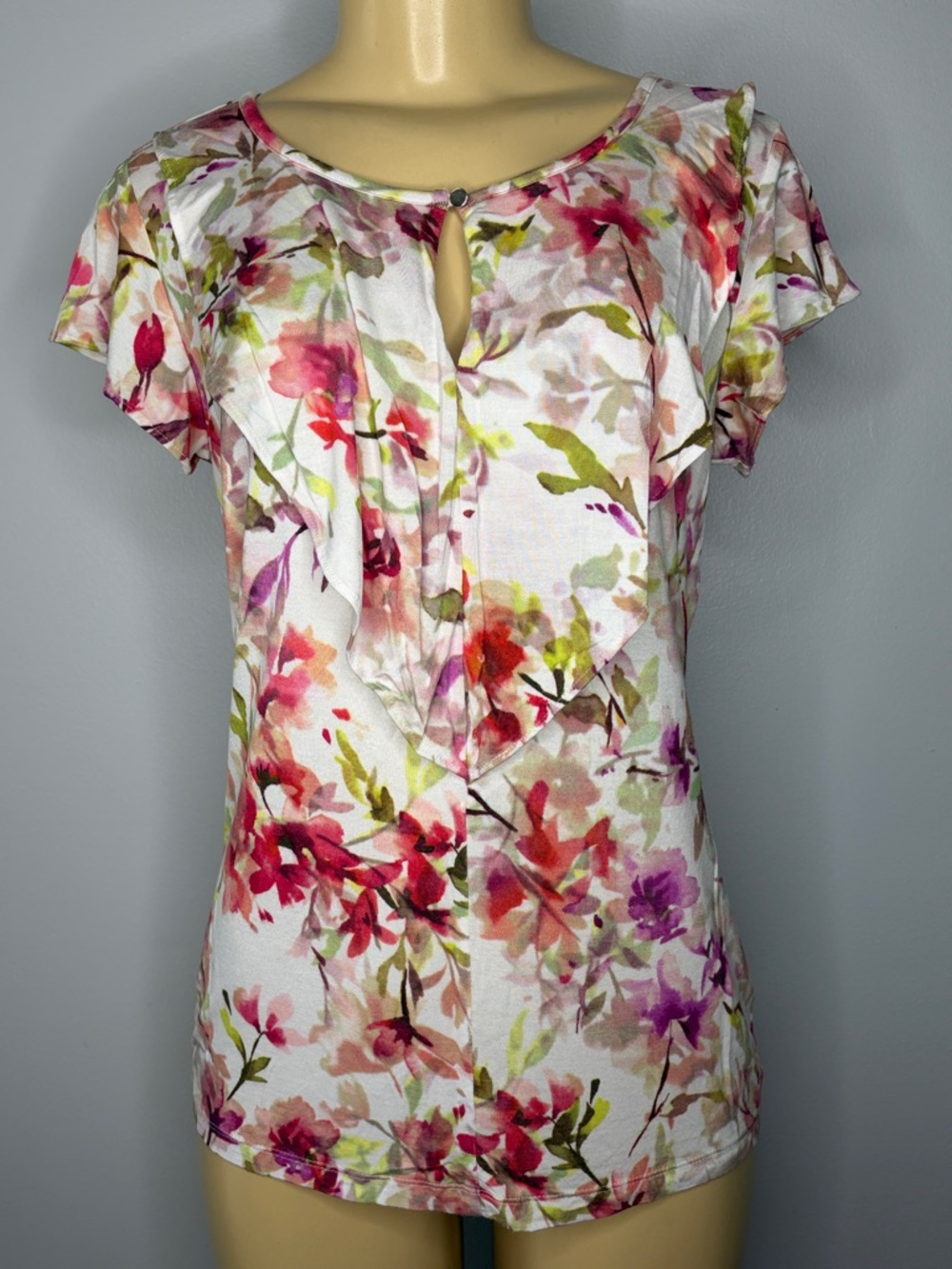 Liz Claiborne Career Keyhole Ruffle  Top - White with Pink & Green Floral Size S